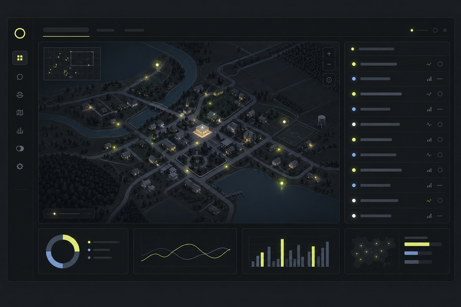 Abstract Truman World interface showing a lit town map and live activity panels